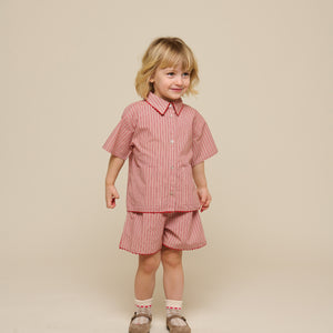 Gestreepte poplin overhemd en short set - Kids - Old Rose/Cherry Red | 100946 Olivia
