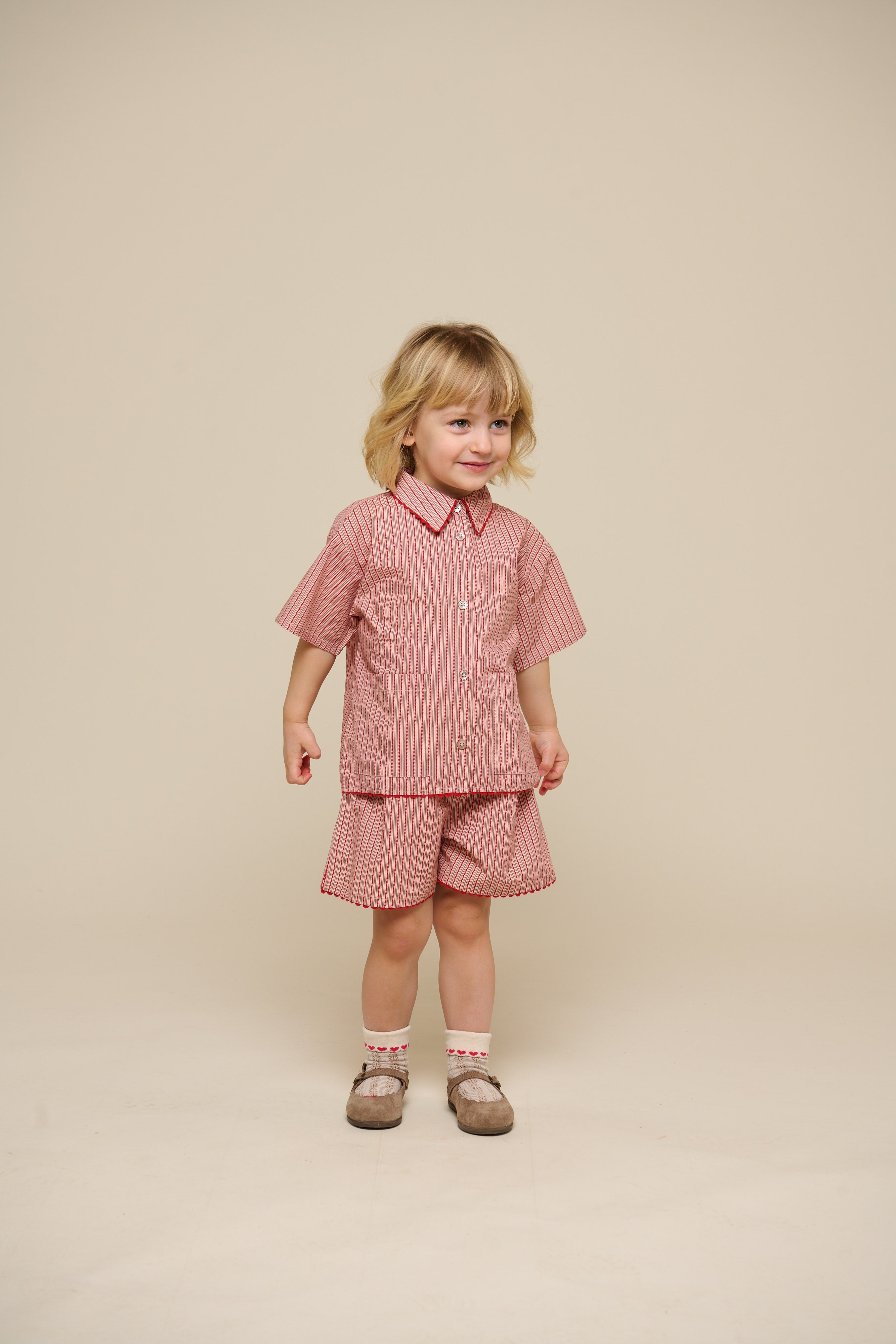 Gestreepte poplin overhemd en short set - Kids - Old Rose/Cherry Red | 100946 Olivia