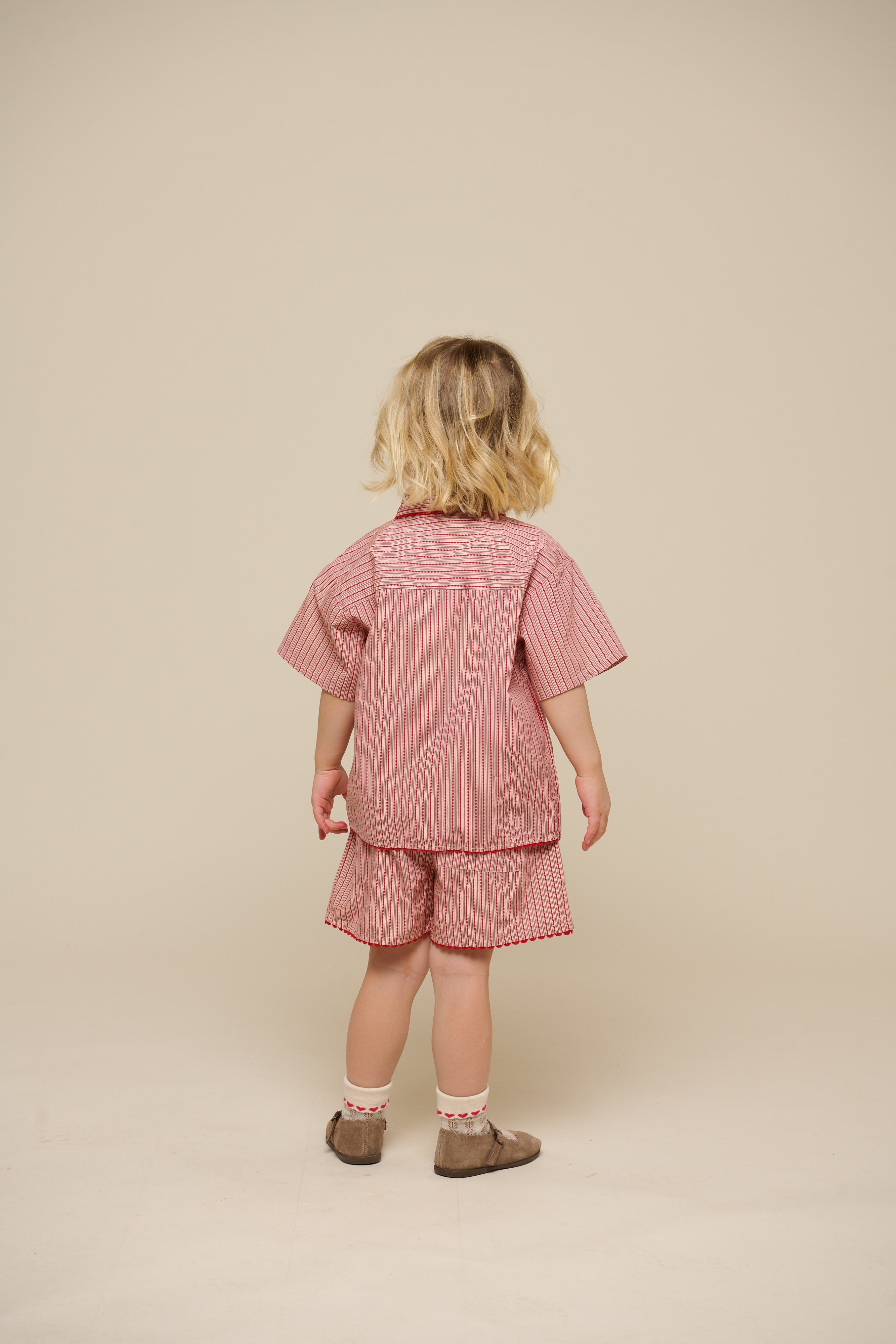 Gestreepte poplin overhemd en short set - Kids - Old Rose/Cherry Red | 100946 Olivia