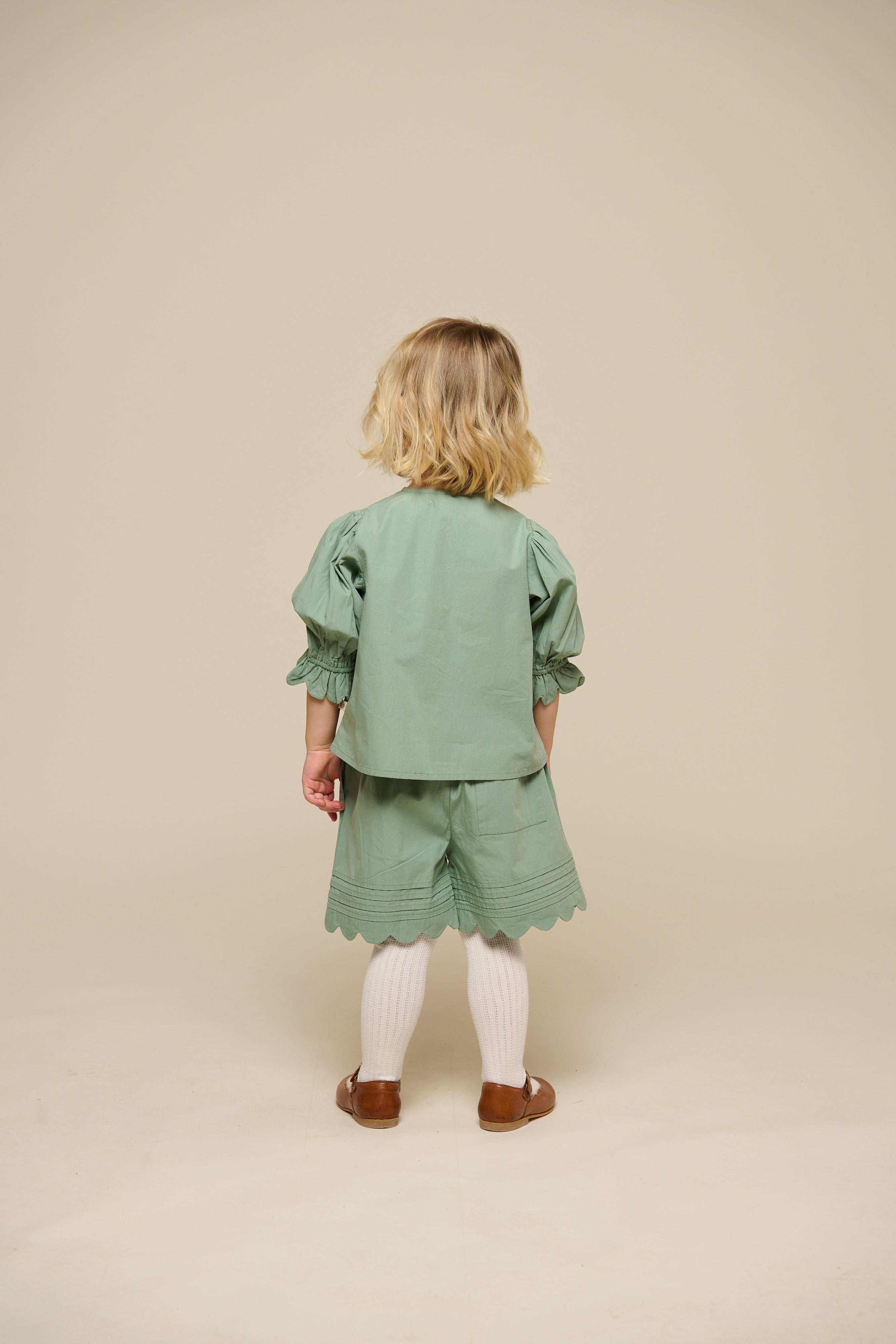 Popeline Blouse met Geschulpte Rand - Kids - Dusty Green | 101047 Joy
