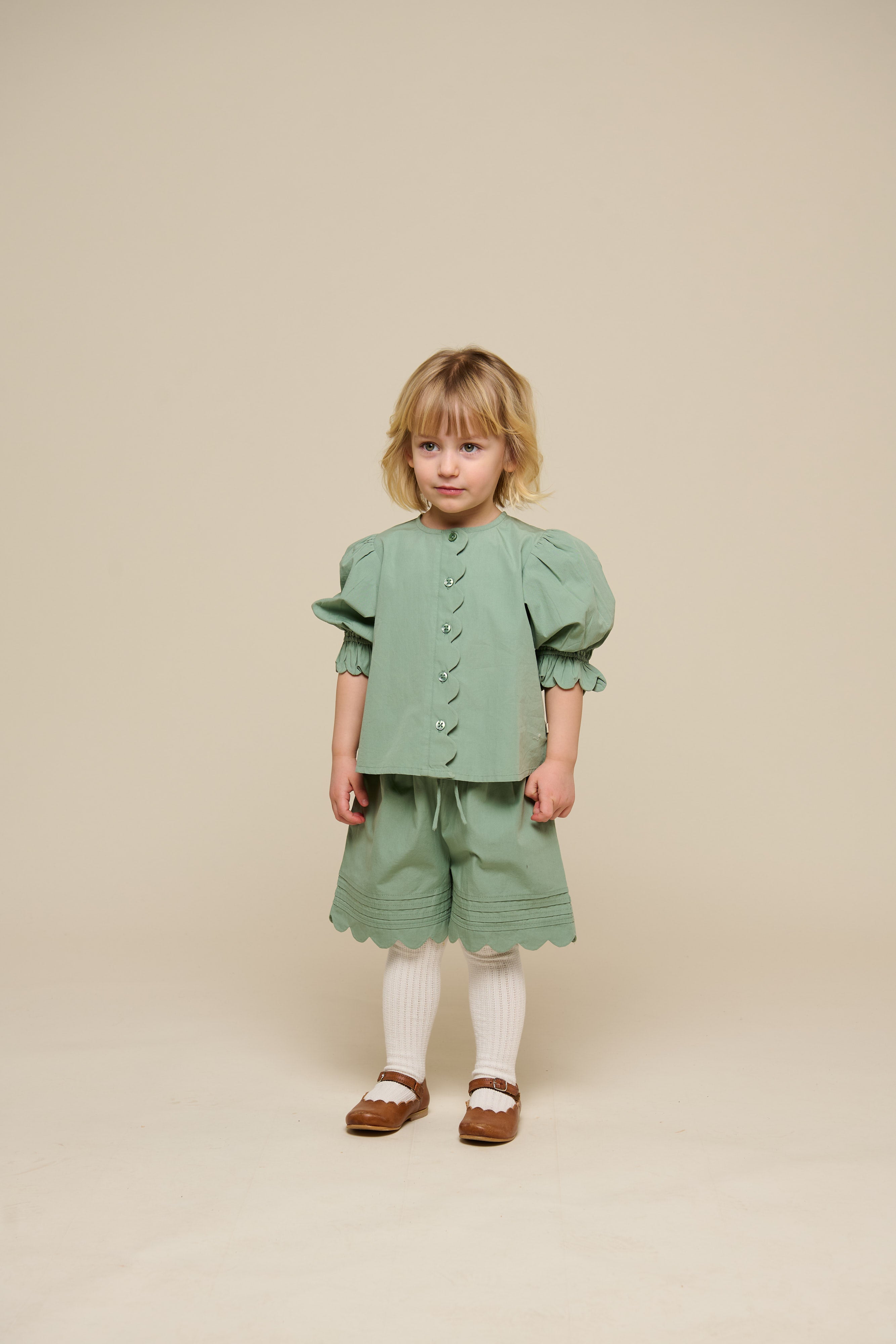Popeline Blouse met Geschulpte Rand - Kids - Dusty Green | 101047 Joy