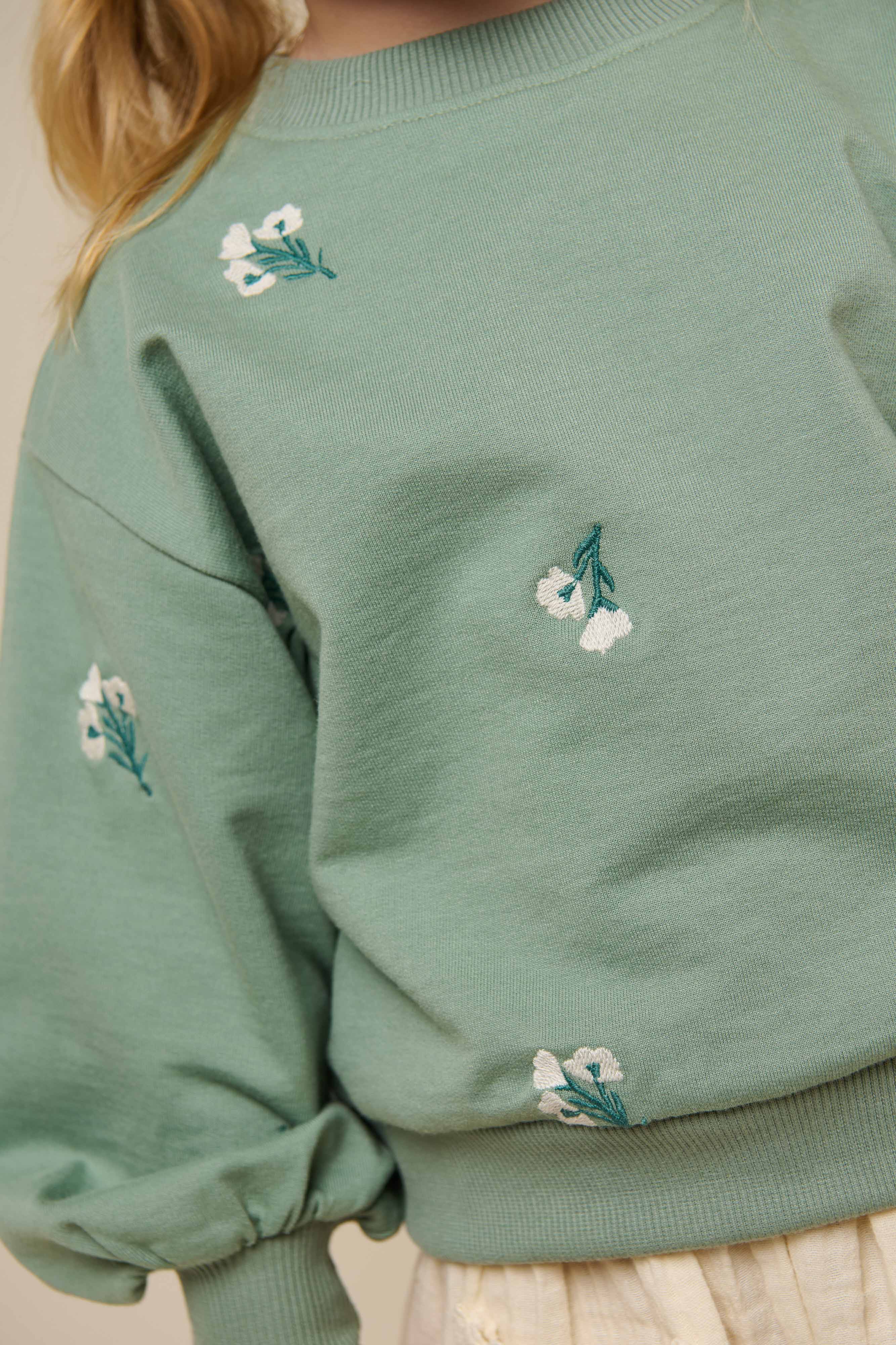 Geborduurd Crewneck Sweatshirt - Kids - Dusty Green | 101211 Kimber