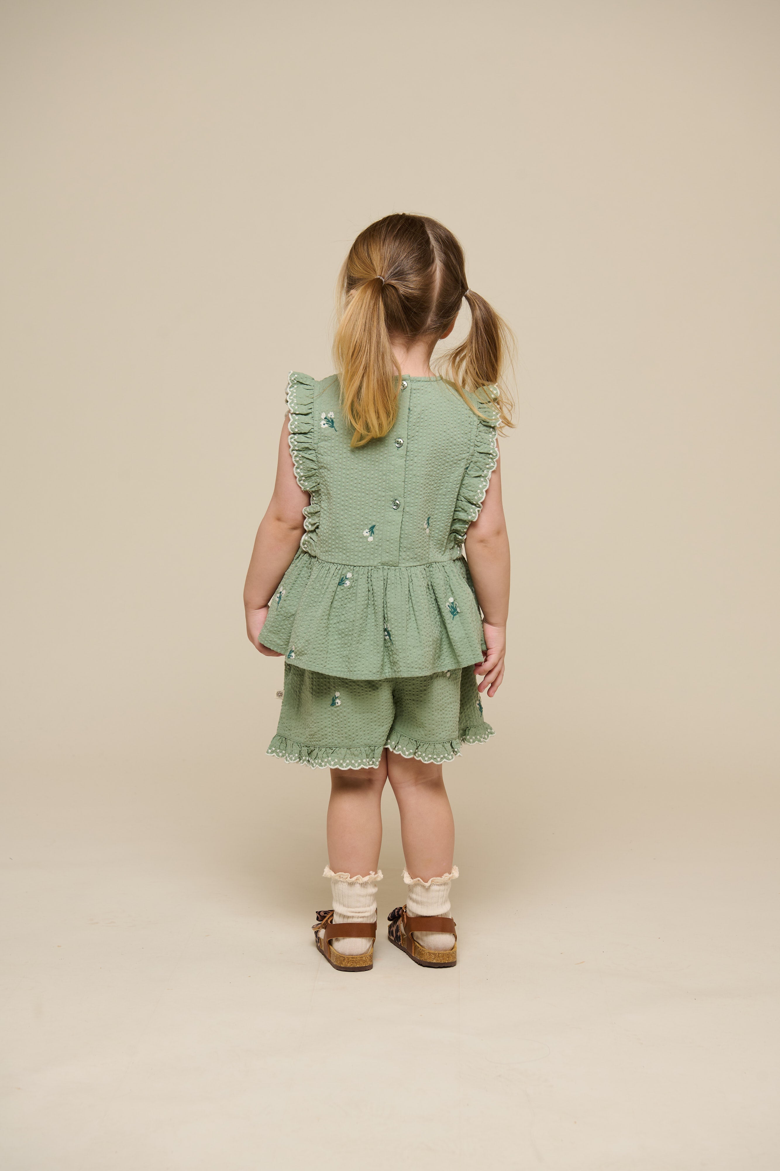 Geborduurde Seersucker Top - Kids - Dusty Green | 100980 Nora