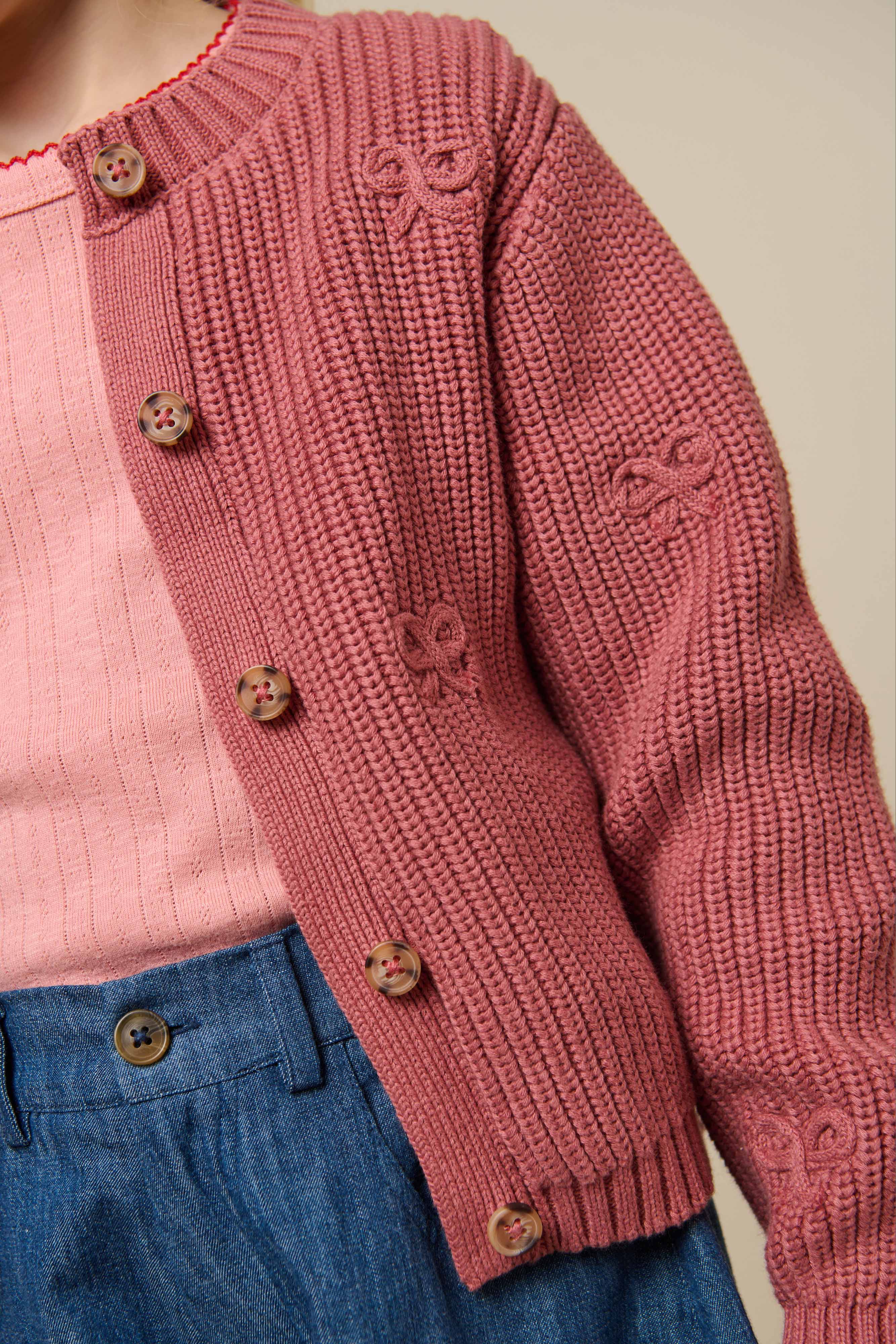 Gebreid katoenen vest met strikjes - Tween - Old Rose | 100793 Freya